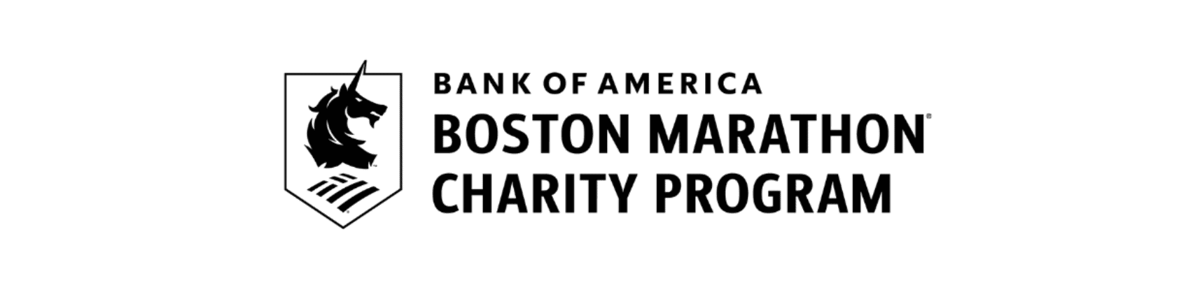 Logo of the Bank of America Boston Marathon Charity Program featuring a unicorn and shield icon.